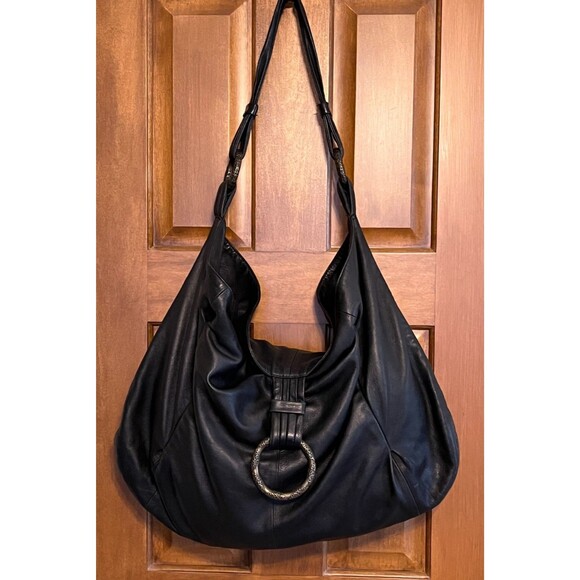BCBGMAXAZRIA Black Leather Hobo Bag Extra Large Oversized Slouchy Tote VINTAGE - Picture 1 of 16